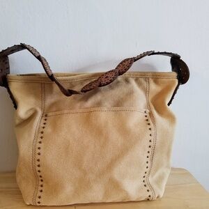 NWOT Stylish Cream Canvas Shoulder Bag With Brown Leather Handle
